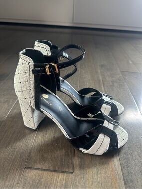 Black and White Block Heel Ankle-Strap Sandals by